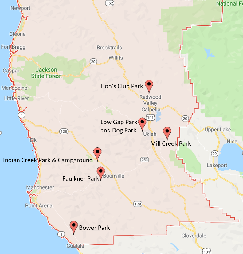 Regional Park Map, including Lion's Club park, Low Gap Park, Mill Creek park, Indian Creek campground, Faulkner park, and Bower park
