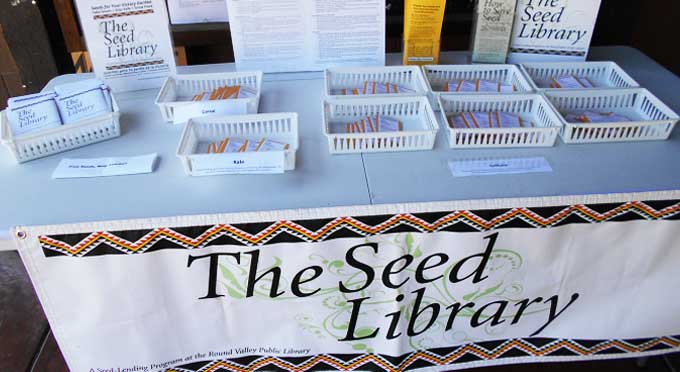 Table with seed packets and sign that reads The Seed Library.