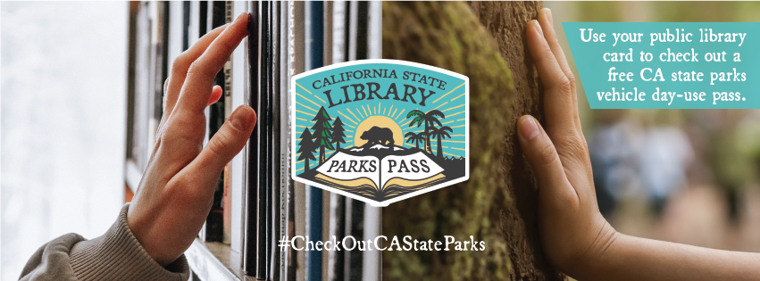 LibraryParksPass one hand on a book shelf and another hand on a tree