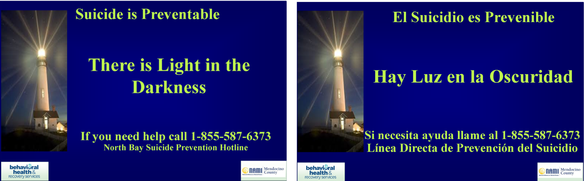 Banner that reads Suicide is Preventable. There is light in the darkness. If you need help, call 1-855-587-6373 - North Bay Suicide prevention Hotline