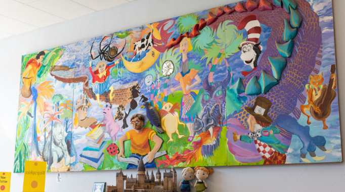 Mural in children's library with literary characters.