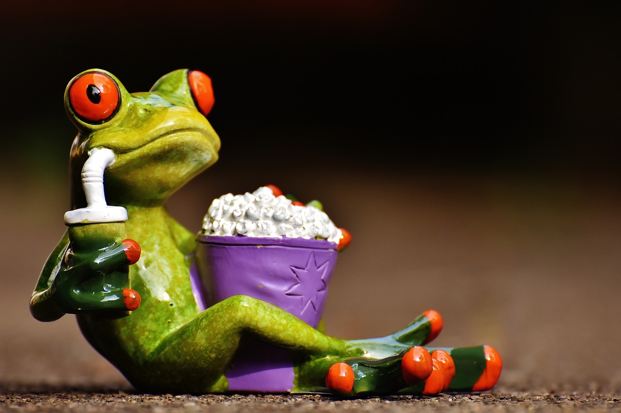 Frog with popcorn watching movie