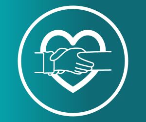Icon of hands shaking with a heart behind them.