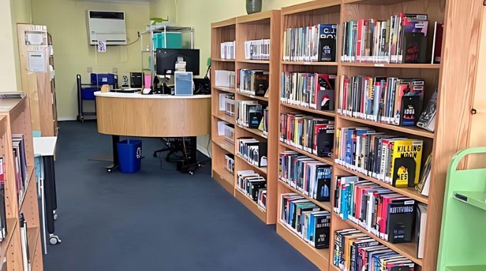Bookshelves and front desk at the Laytonville Library.