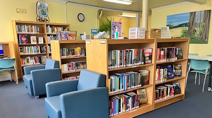 Bookshelves and chairs at the Laytonville Library.