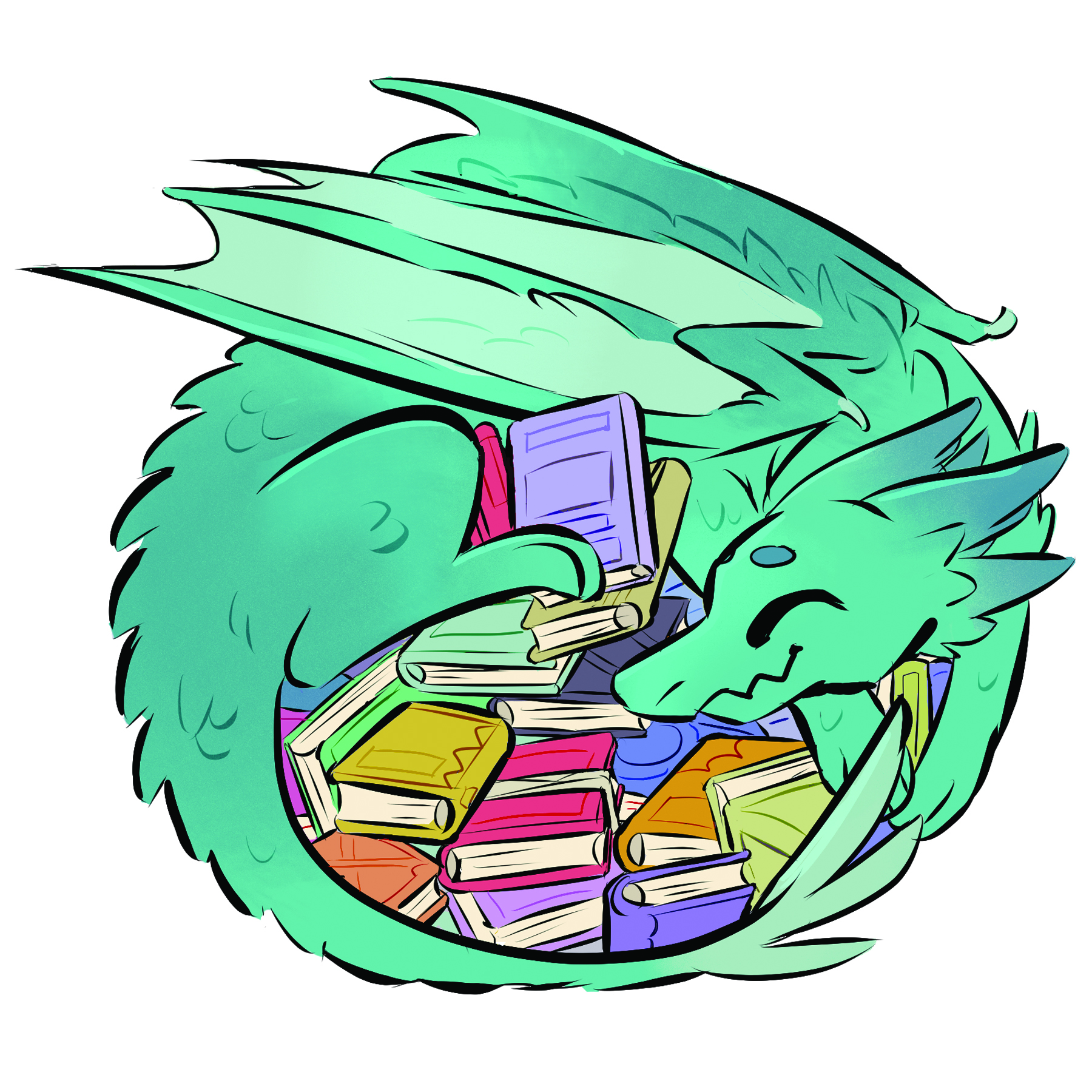 a teal colored dragon smiles as it wraps around stacks of books in various colors