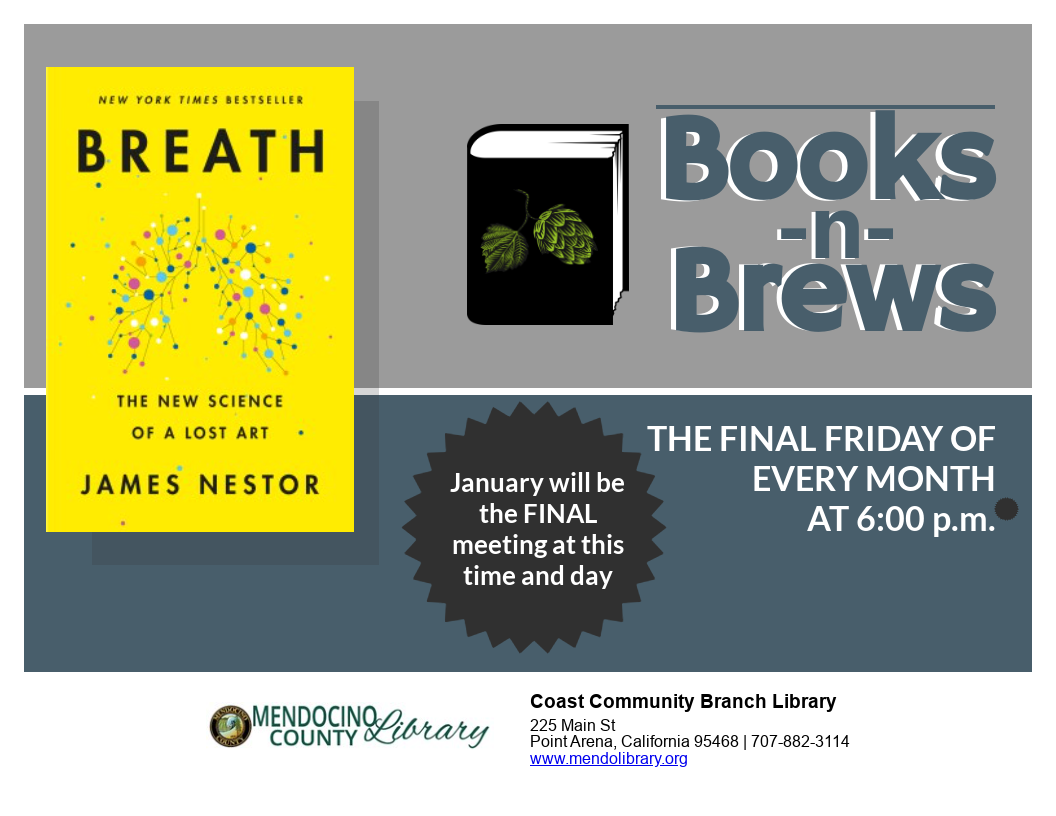 flyer for books n brews book club january 2025 book choice of Breath by James Nestor