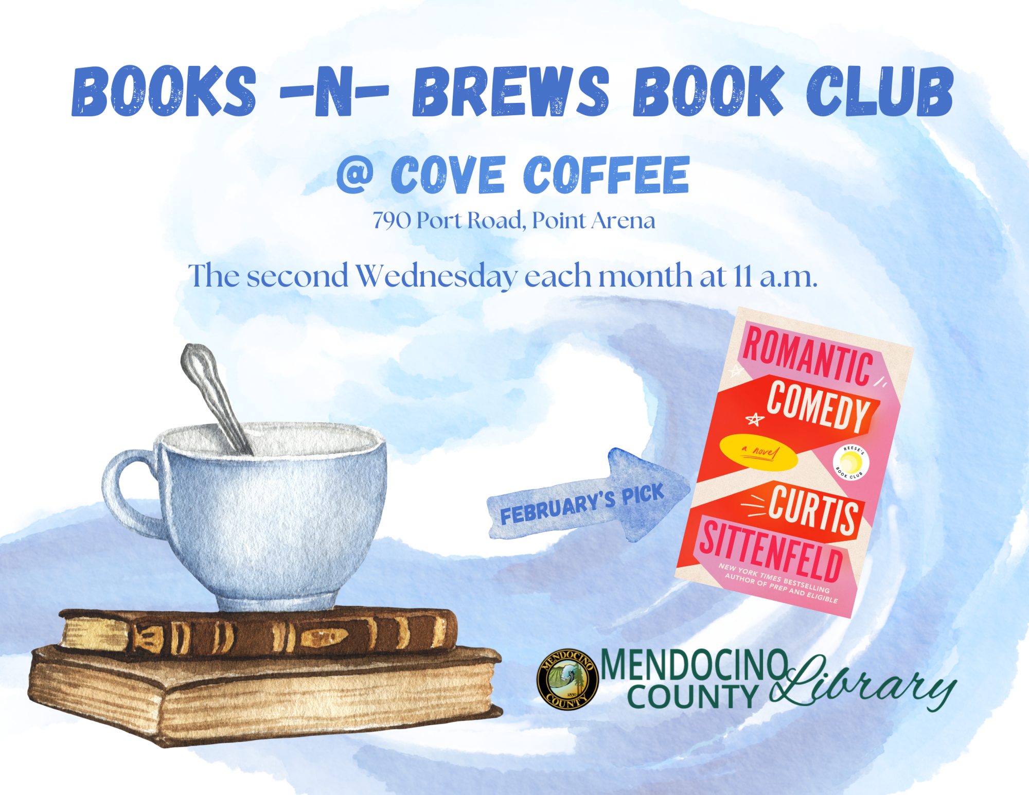 Flyer of February 2025 Books n Brews Book Club of Romantic Comedy by Curtis Sittenfeld
