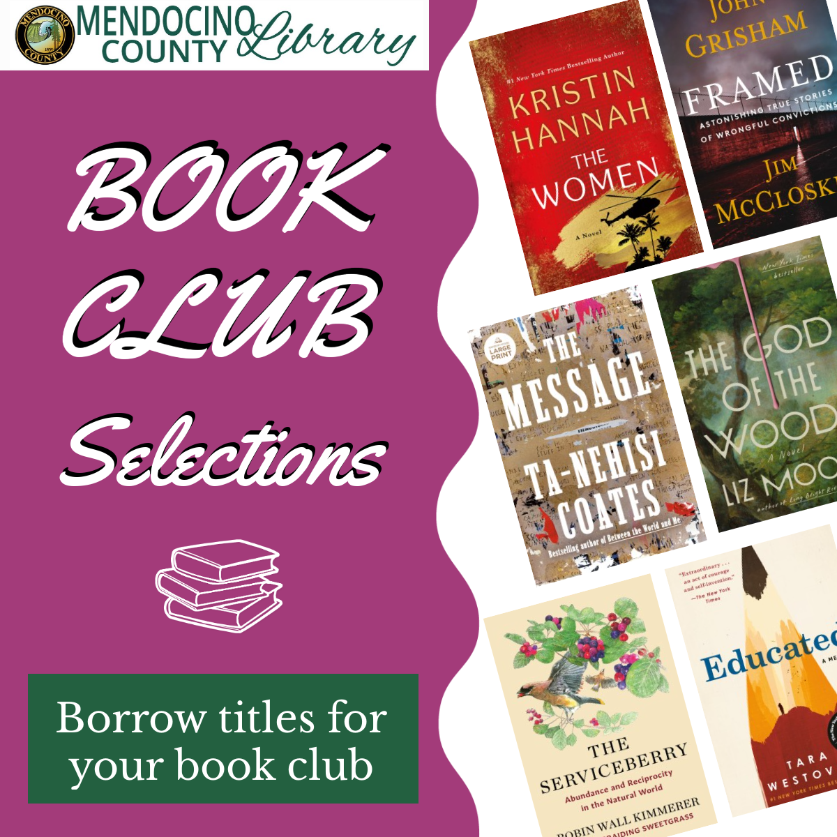 Book Club Selections available from the library.
