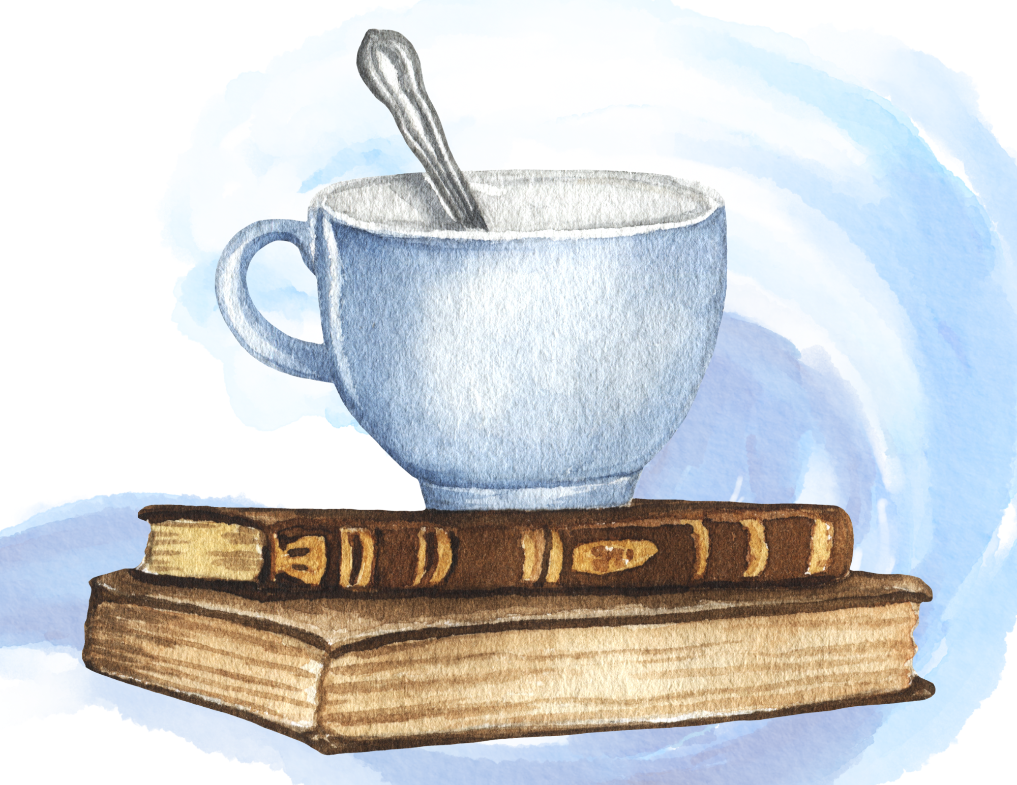 coffee cup on two stacked books in front of an ocean wave: Books n Brews Book Club logo