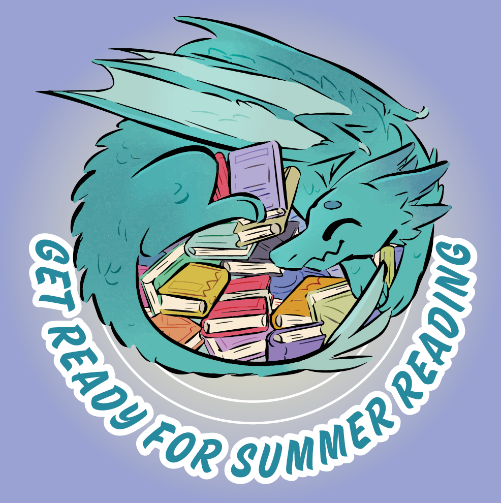 A dragon, curled protectively around a pile of books