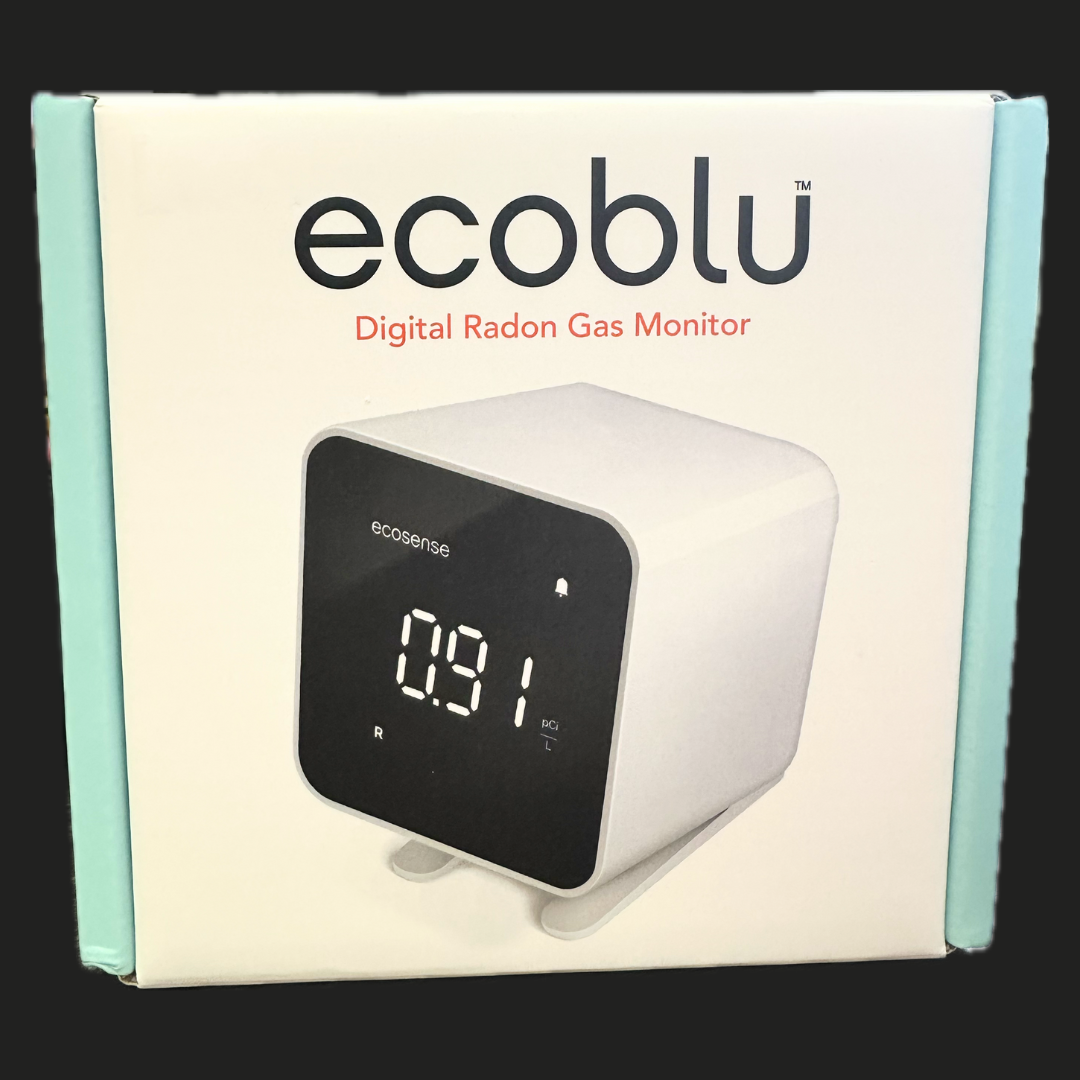 Ecoblu Digital radon gas monitor box with image of detector.