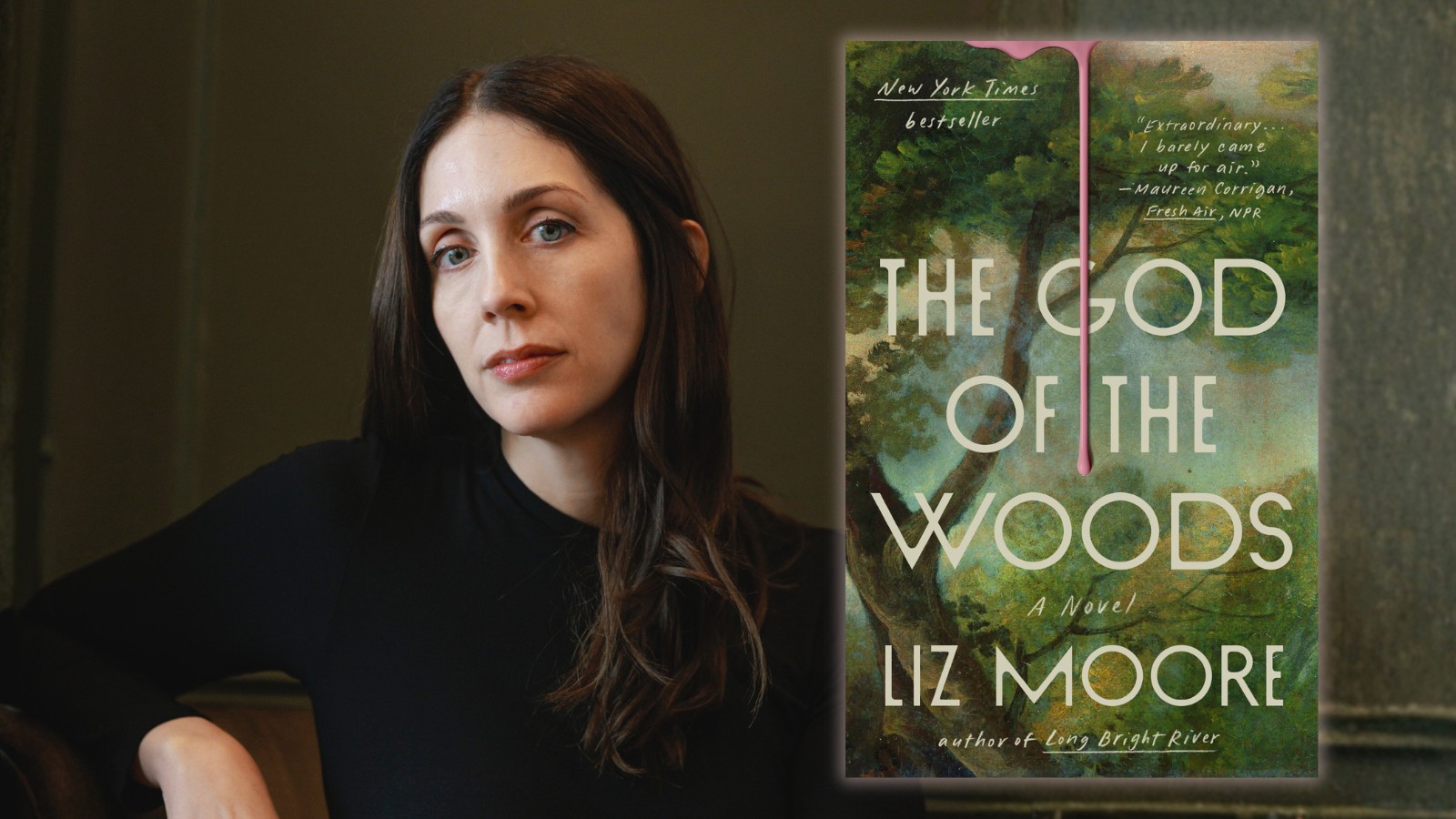 Author Liz Moore with her book The God of the Woods.
