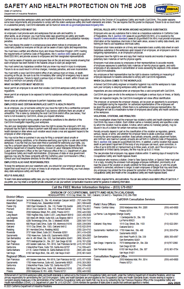 2026 CAL OSHA saftery and health protection on the job