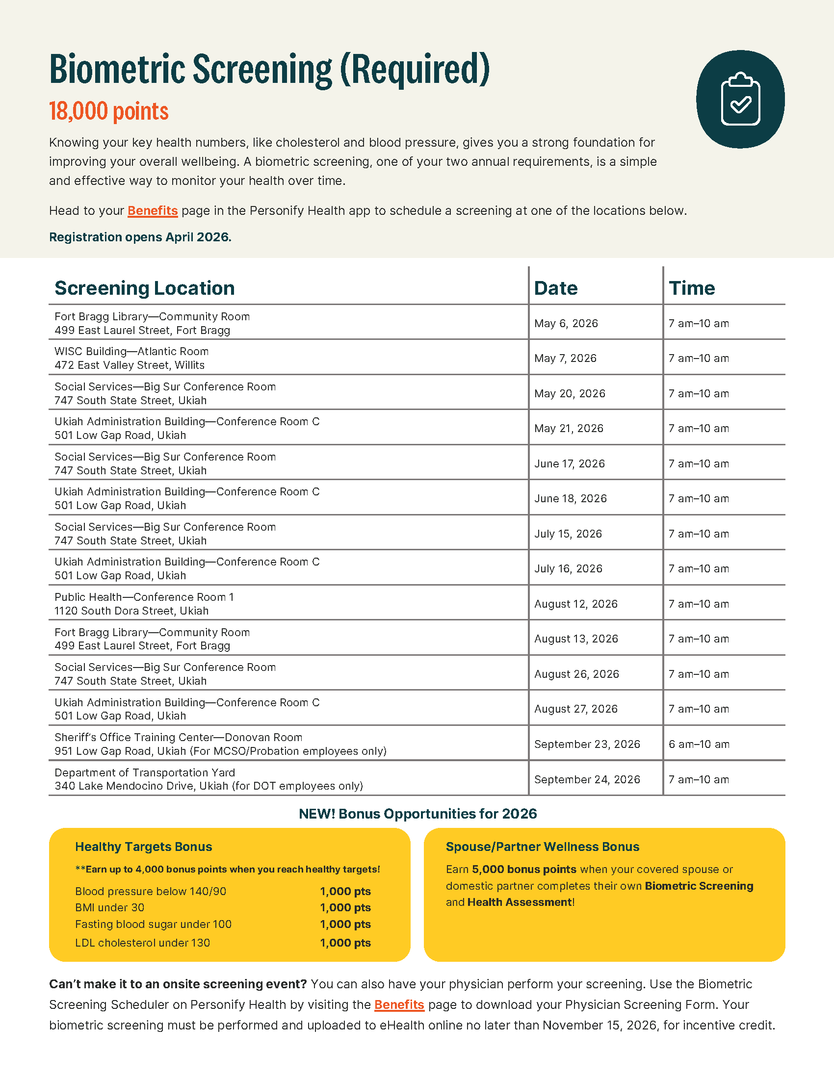 2026 Biometric Screening Schedule