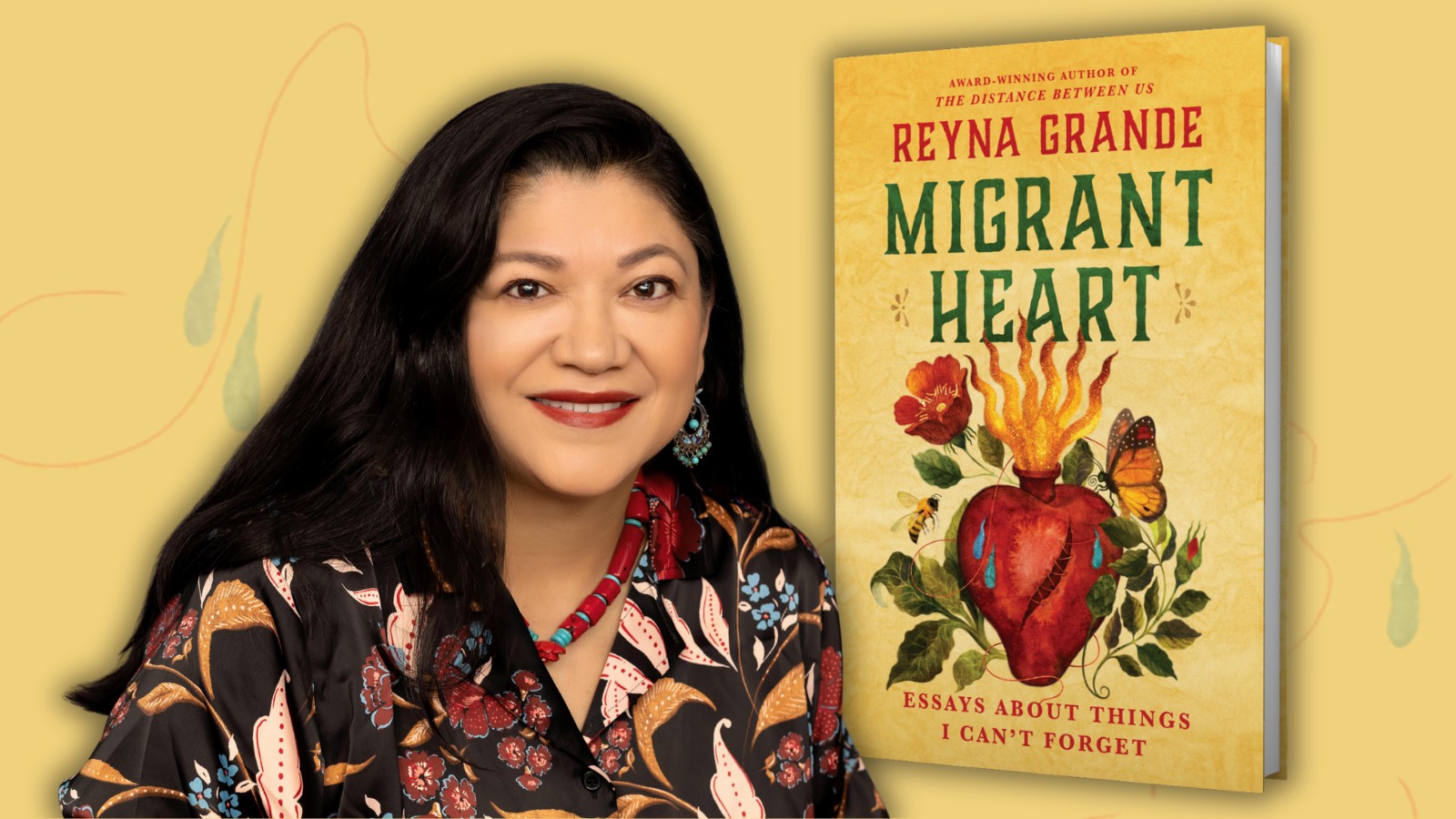Author Reyna Grande with her book Migrant Heart.