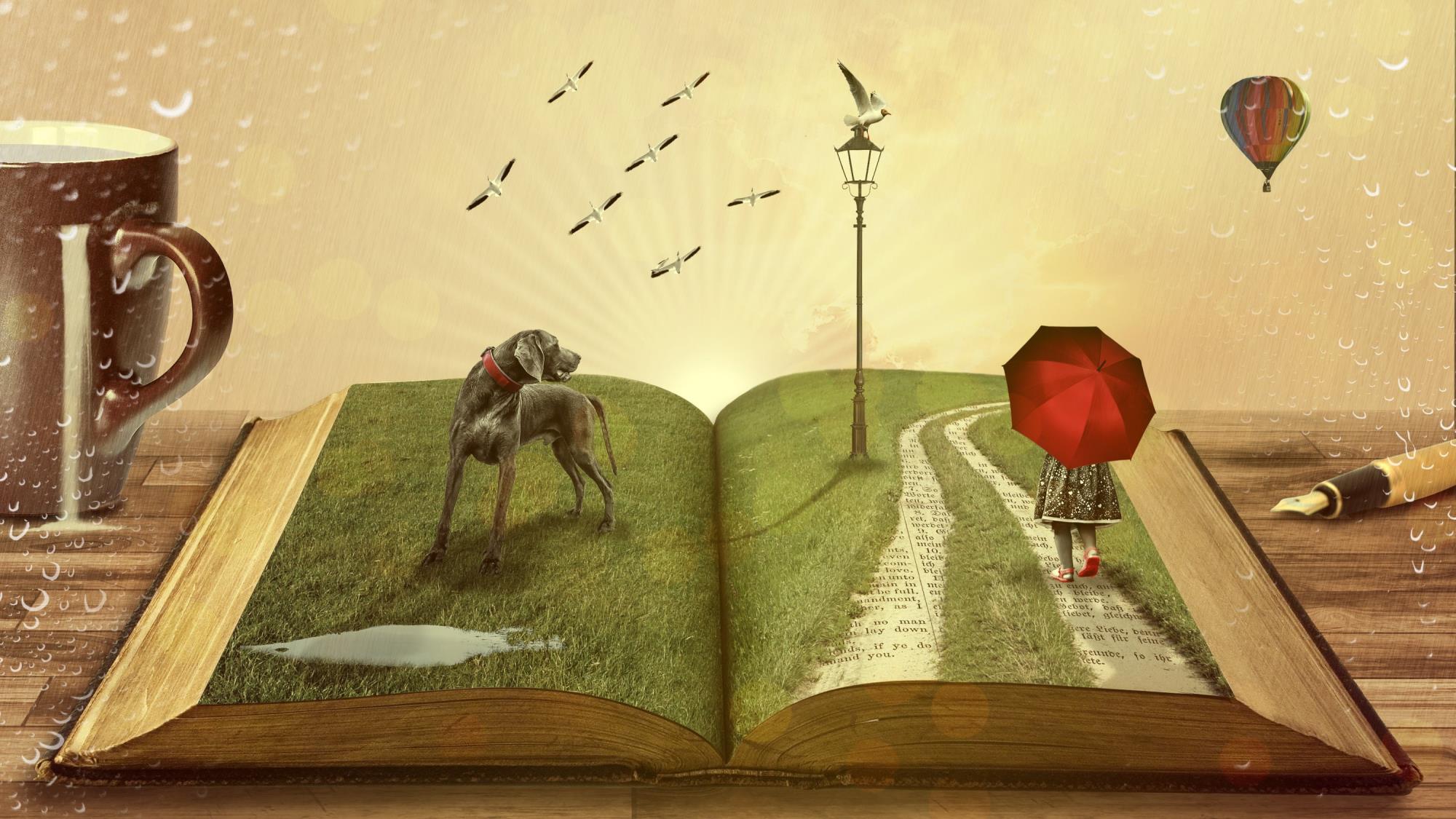 A whimsical illustration of a storybook, showing a dog, a balloon, and a girl with a red umbrella