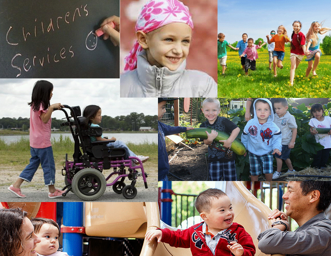 a photo of a wide variety of children smiling, pushing wheelchairs, playing, and a sign that says Children's Services