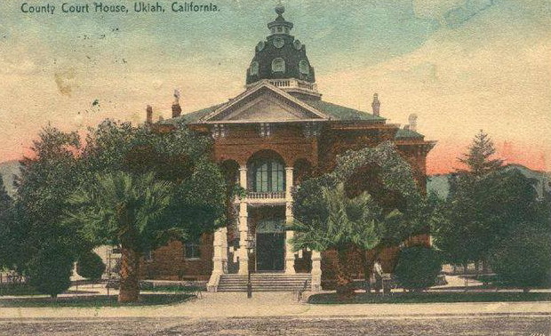 A painting of the old Mendocino County Courthouse in Ukiah, California