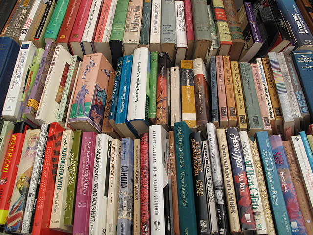 Stacks of books available for sale.